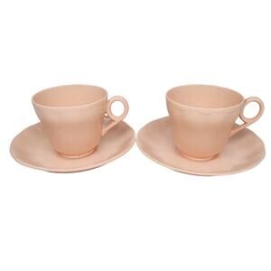 Grindley Peach Petal Pink Teacups Saucers‎ Set of 2 Vintage Wavy Rim China 4-5